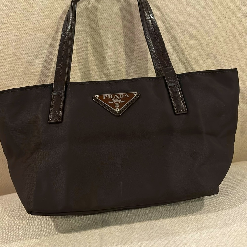 Brown nylon Prada mini with double leather handles